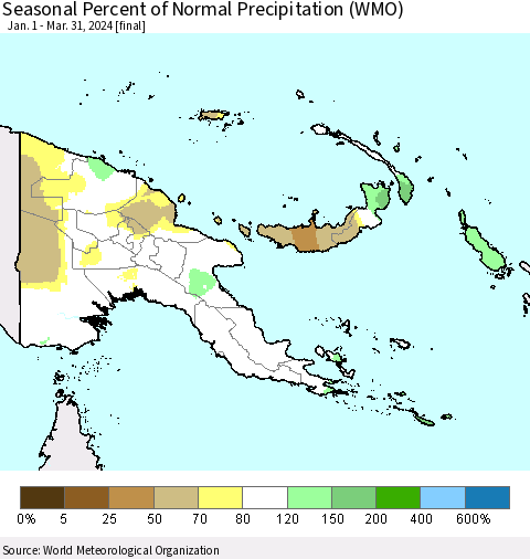 Papua New Guinea Seasonal Percent of Normal Precipitation (WMO) Thematic Map For 1/1/2024 - 3/31/2024