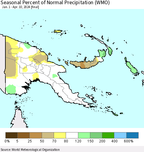 Papua New Guinea Seasonal Percent of Normal Precipitation (WMO) Thematic Map For 1/1/2024 - 4/10/2024