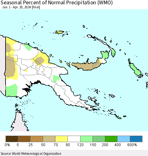 Papua New Guinea Seasonal Percent of Normal Precipitation (WMO) Thematic Map For 1/1/2024 - 4/20/2024
