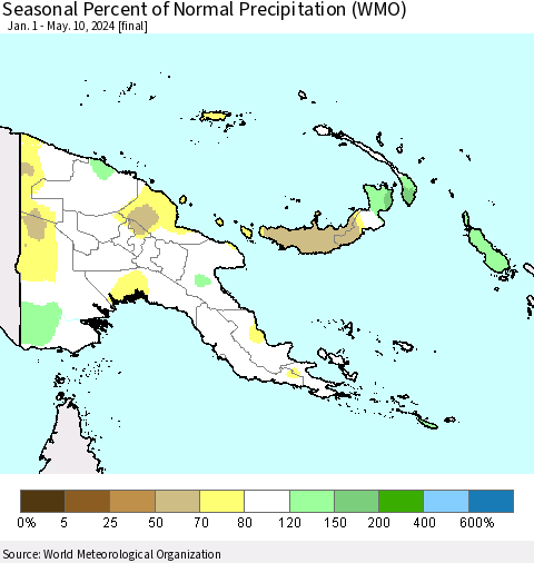 Papua New Guinea Seasonal Percent of Normal Precipitation (WMO) Thematic Map For 1/1/2024 - 5/10/2024