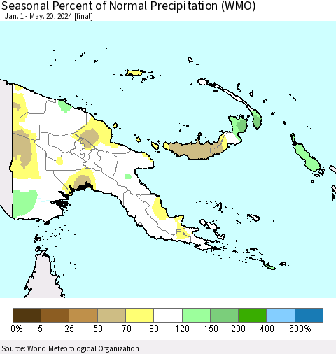 Papua New Guinea Seasonal Percent of Normal Precipitation (WMO) Thematic Map For 1/1/2024 - 5/20/2024
