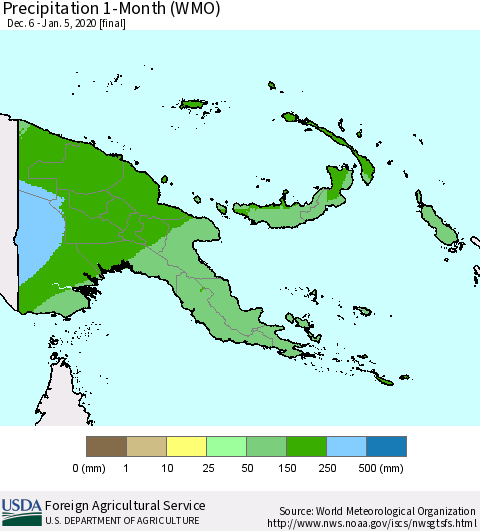 Papua New Guinea Precipitation 1-Month (WMO) Thematic Map For 12/6/2019 - 1/5/2020
