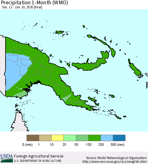 Papua New Guinea Precipitation 1-Month (WMO) Thematic Map For 12/11/2019 - 1/10/2020
