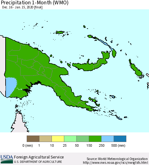 Papua New Guinea Precipitation 1-Month (WMO) Thematic Map For 12/16/2019 - 1/15/2020