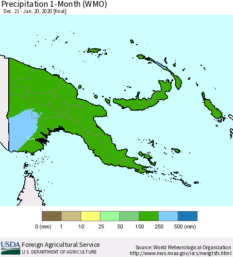Papua New Guinea Precipitation 1-Month (WMO) Thematic Map For 12/21/2019 - 1/20/2020