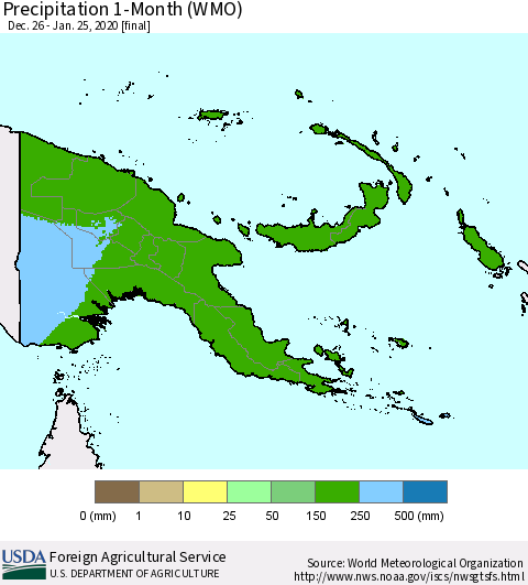 Papua New Guinea Precipitation 1-Month (WMO) Thematic Map For 12/26/2019 - 1/25/2020