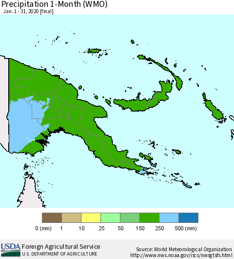 Papua New Guinea Precipitation 1-Month (WMO) Thematic Map For 1/1/2020 - 1/31/2020