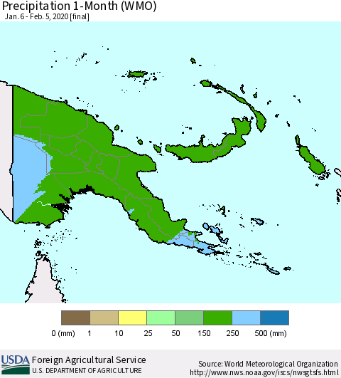Papua New Guinea Precipitation 1-Month (WMO) Thematic Map For 1/6/2020 - 2/5/2020