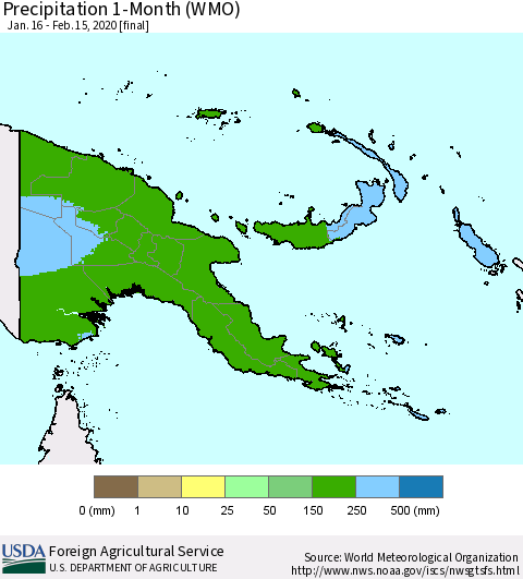 Papua New Guinea Precipitation 1-Month (WMO) Thematic Map For 1/16/2020 - 2/15/2020