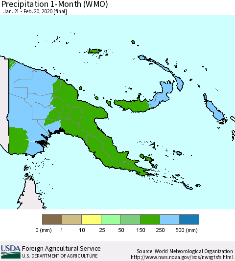 Papua New Guinea Precipitation 1-Month (WMO) Thematic Map For 1/21/2020 - 2/20/2020