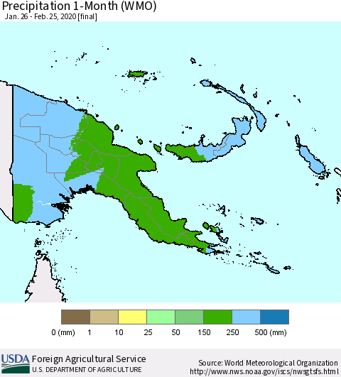 Papua New Guinea Precipitation 1-Month (WMO) Thematic Map For 1/26/2020 - 2/25/2020