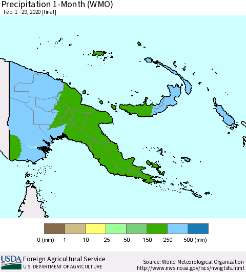 Papua New Guinea Precipitation 1-Month (WMO) Thematic Map For 2/1/2020 - 2/29/2020