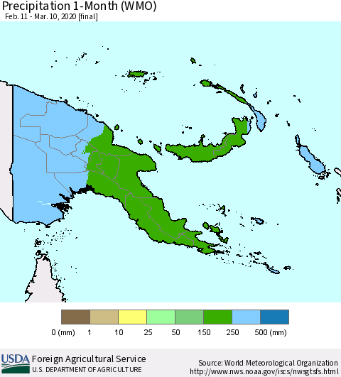 Papua New Guinea Precipitation 1-Month (WMO) Thematic Map For 2/11/2020 - 3/10/2020