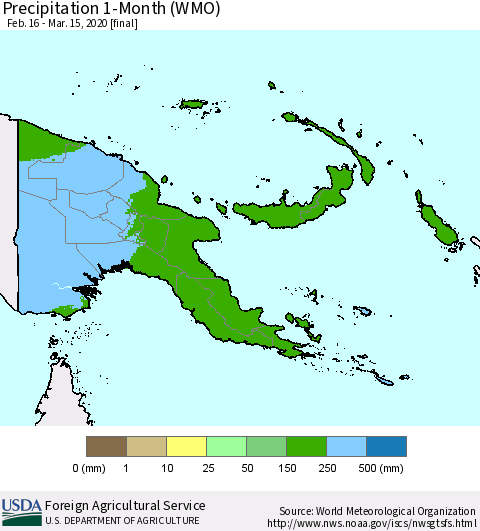 Papua New Guinea Precipitation 1-Month (WMO) Thematic Map For 2/16/2020 - 3/15/2020