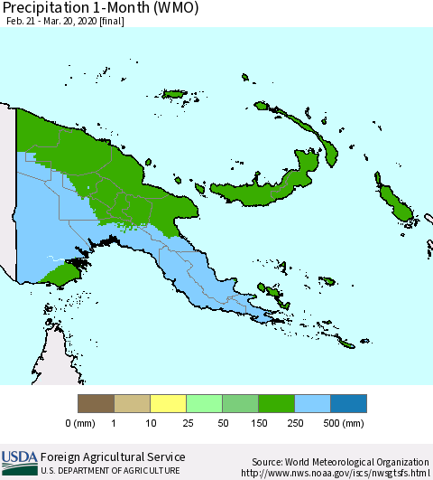 Papua New Guinea Precipitation 1-Month (WMO) Thematic Map For 2/21/2020 - 3/20/2020