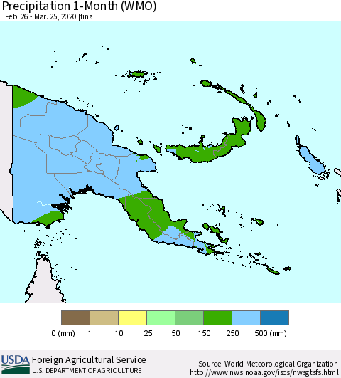 Papua New Guinea Precipitation 1-Month (WMO) Thematic Map For 2/26/2020 - 3/25/2020