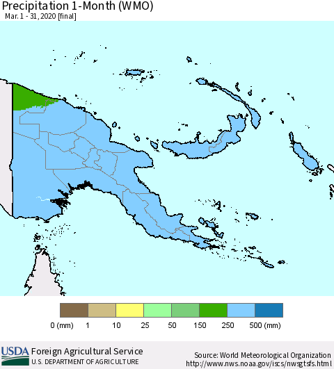 Papua New Guinea Precipitation 1-Month (WMO) Thematic Map For 3/1/2020 - 3/31/2020