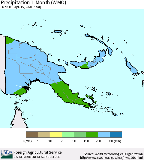 Papua New Guinea Precipitation 1-Month (WMO) Thematic Map For 3/16/2020 - 4/15/2020