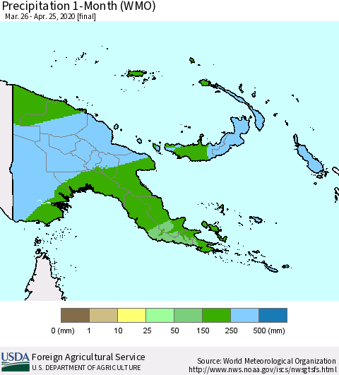 Papua New Guinea Precipitation 1-Month (WMO) Thematic Map For 3/26/2020 - 4/25/2020