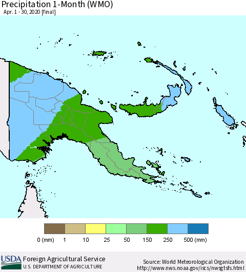 Papua New Guinea Precipitation 1-Month (WMO) Thematic Map For 4/1/2020 - 4/30/2020