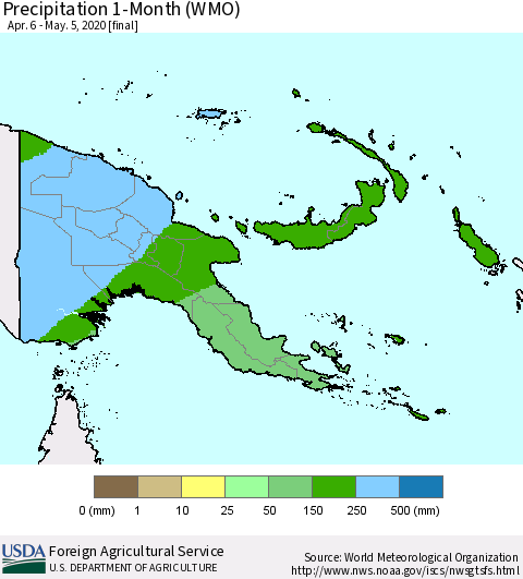 Papua New Guinea Precipitation 1-Month (WMO) Thematic Map For 4/6/2020 - 5/5/2020