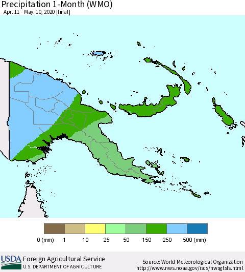 Papua New Guinea Precipitation 1-Month (WMO) Thematic Map For 4/11/2020 - 5/10/2020