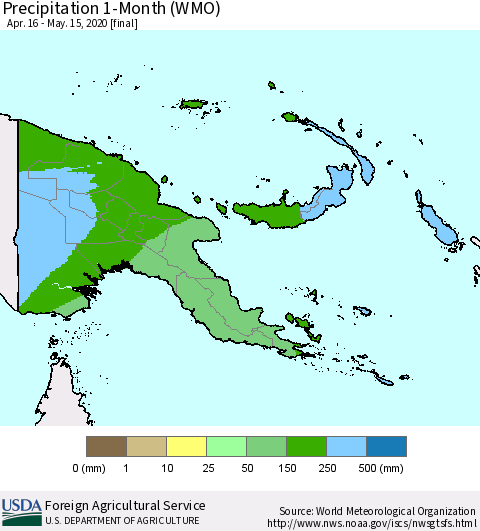 Papua New Guinea Precipitation 1-Month (WMO) Thematic Map For 4/16/2020 - 5/15/2020