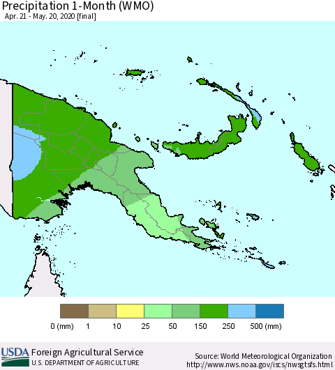 Papua New Guinea Precipitation 1-Month (WMO) Thematic Map For 4/21/2020 - 5/20/2020