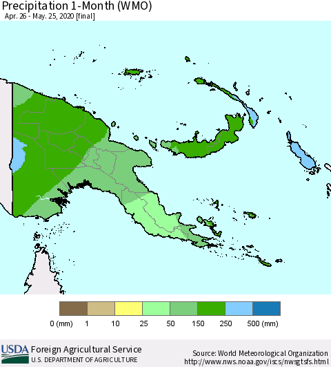 Papua New Guinea Precipitation 1-Month (WMO) Thematic Map For 4/26/2020 - 5/25/2020