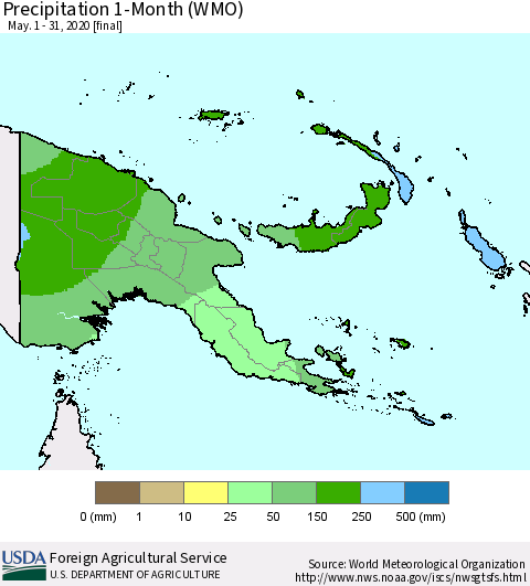 Papua New Guinea Precipitation 1-Month (WMO) Thematic Map For 5/1/2020 - 5/31/2020