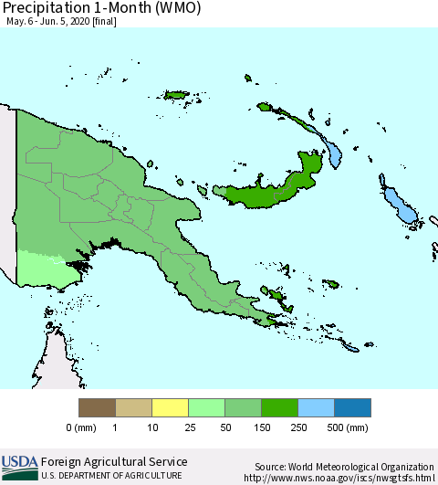 Papua New Guinea Precipitation 1-Month (WMO) Thematic Map For 5/6/2020 - 6/5/2020