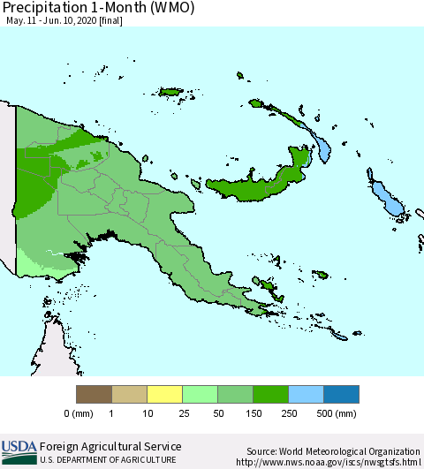 Papua New Guinea Precipitation 1-Month (WMO) Thematic Map For 5/11/2020 - 6/10/2020