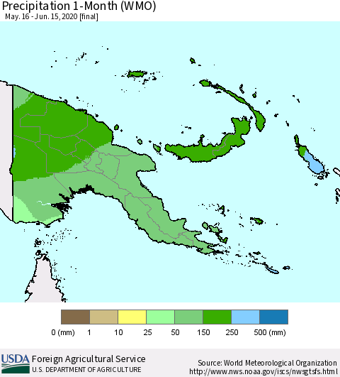 Papua New Guinea Precipitation 1-Month (WMO) Thematic Map For 5/16/2020 - 6/15/2020