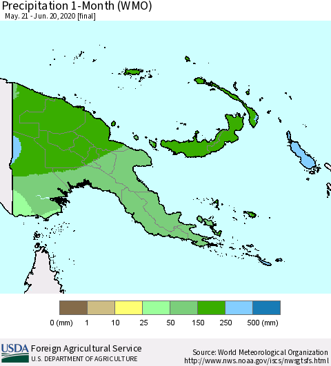Papua New Guinea Precipitation 1-Month (WMO) Thematic Map For 5/21/2020 - 6/20/2020