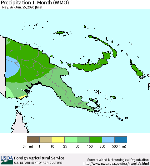 Papua New Guinea Precipitation 1-Month (WMO) Thematic Map For 5/26/2020 - 6/25/2020