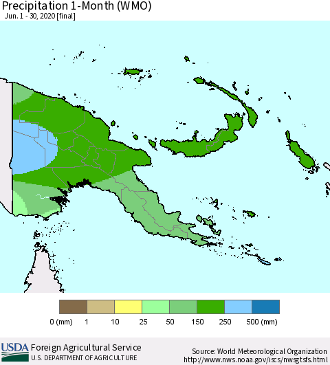 Papua New Guinea Precipitation 1-Month (WMO) Thematic Map For 6/1/2020 - 6/30/2020