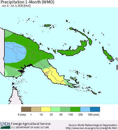 Papua New Guinea Precipitation 1-Month (WMO) Thematic Map For 6/6/2020 - 7/5/2020
