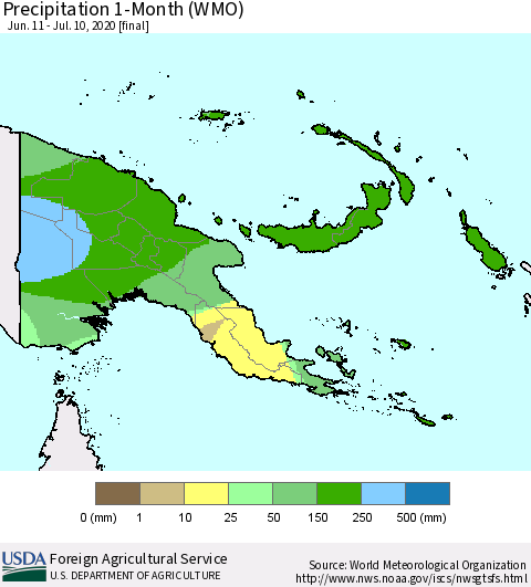 Papua New Guinea Precipitation 1-Month (WMO) Thematic Map For 6/11/2020 - 7/10/2020