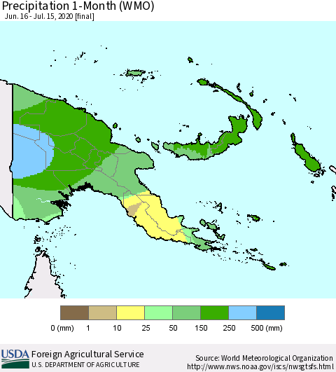 Papua New Guinea Precipitation 1-Month (WMO) Thematic Map For 6/16/2020 - 7/15/2020