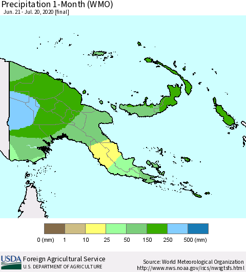 Papua New Guinea Precipitation 1-Month (WMO) Thematic Map For 6/21/2020 - 7/20/2020
