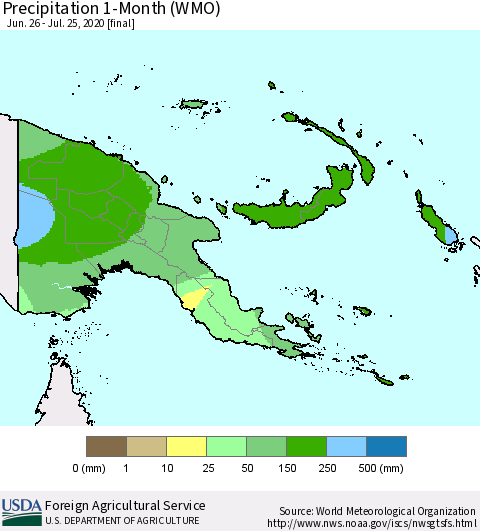 Papua New Guinea Precipitation 1-Month (WMO) Thematic Map For 6/26/2020 - 7/25/2020