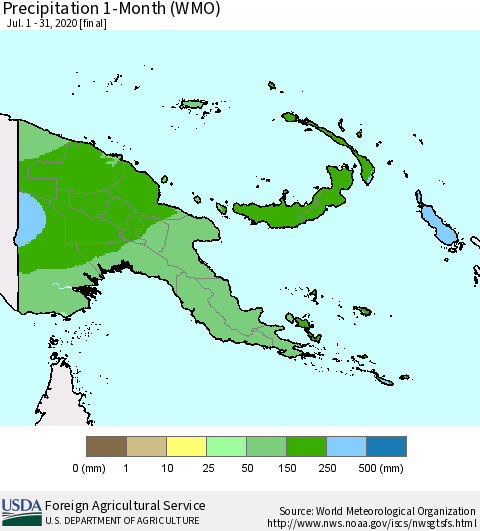 Papua New Guinea Precipitation 1-Month (WMO) Thematic Map For 7/1/2020 - 7/31/2020