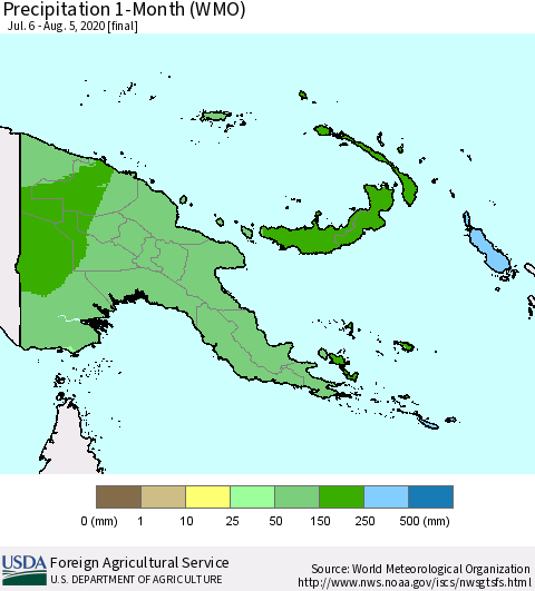 Papua New Guinea Precipitation 1-Month (WMO) Thematic Map For 7/6/2020 - 8/5/2020