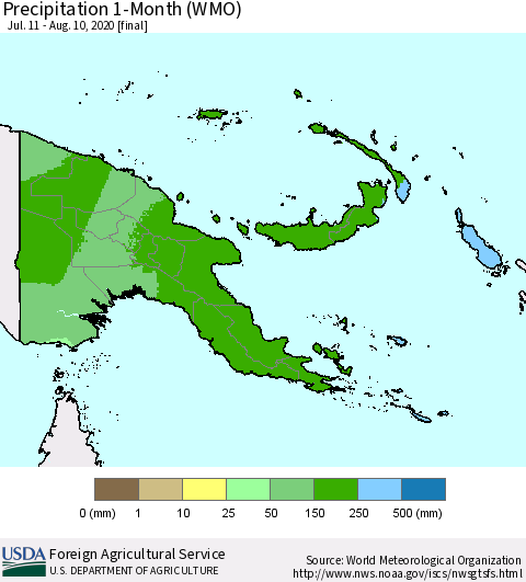 Papua New Guinea Precipitation 1-Month (WMO) Thematic Map For 7/11/2020 - 8/10/2020