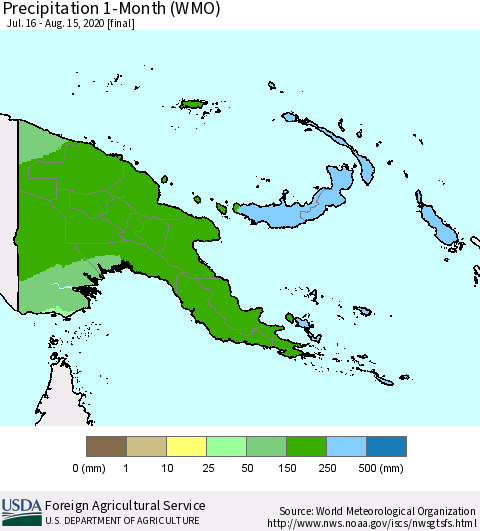 Papua New Guinea Precipitation 1-Month (WMO) Thematic Map For 7/16/2020 - 8/15/2020