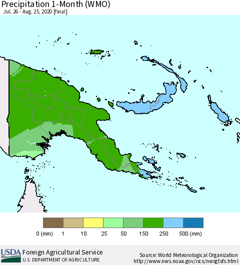 Papua New Guinea Precipitation 1-Month (WMO) Thematic Map For 7/26/2020 - 8/25/2020