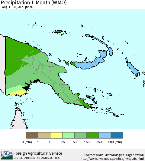 Papua New Guinea Precipitation 1-Month (WMO) Thematic Map For 8/1/2020 - 8/31/2020