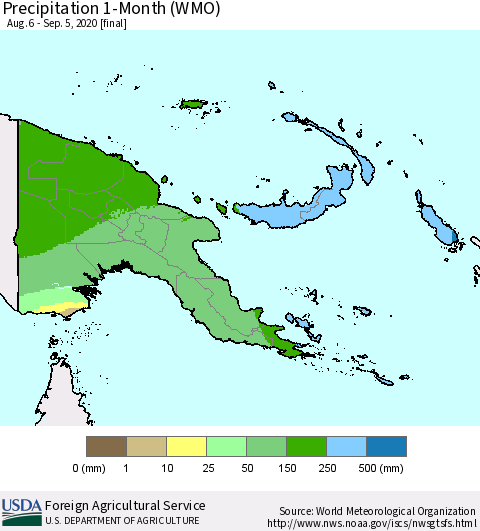 Papua New Guinea Precipitation 1-Month (WMO) Thematic Map For 8/6/2020 - 9/5/2020