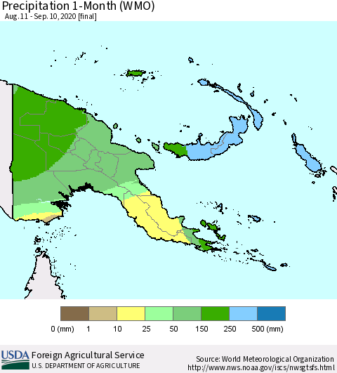 Papua New Guinea Precipitation 1-Month (WMO) Thematic Map For 8/11/2020 - 9/10/2020