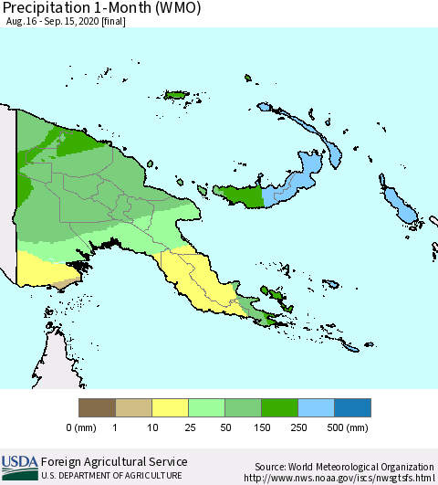 Papua New Guinea Precipitation 1-Month (WMO) Thematic Map For 8/16/2020 - 9/15/2020